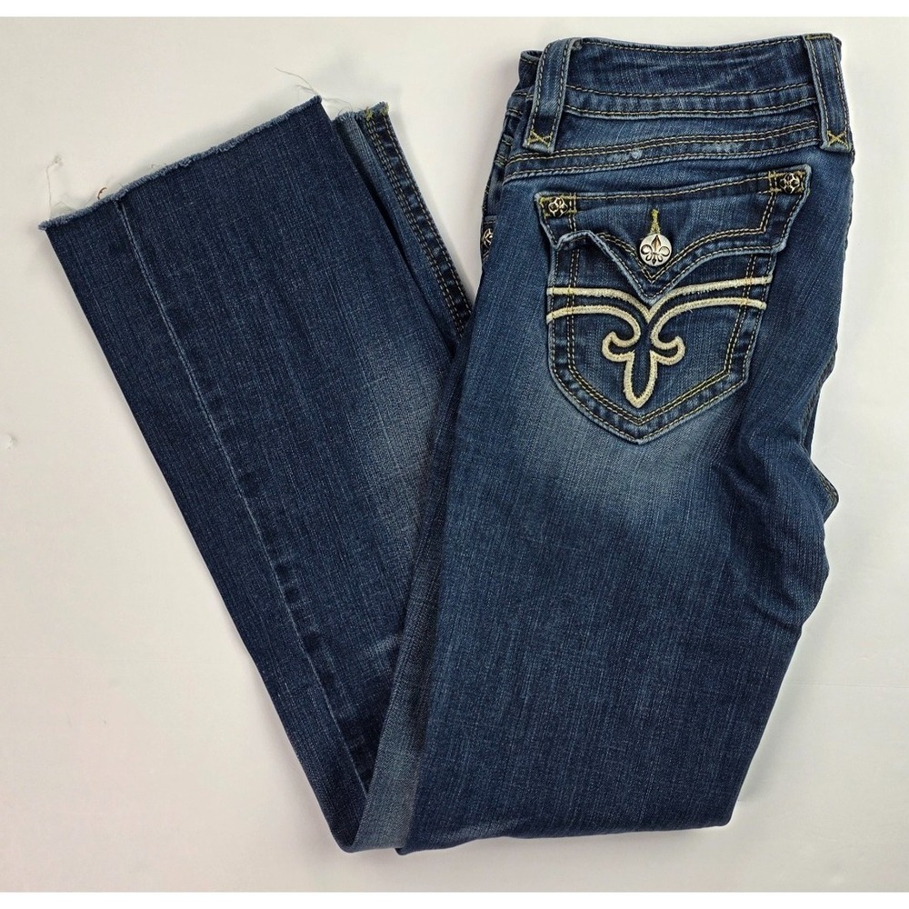 Rock‎ Revival Gwen Boot Jeans Womens 31 Dark Wash Embellished Pockets Cut hem